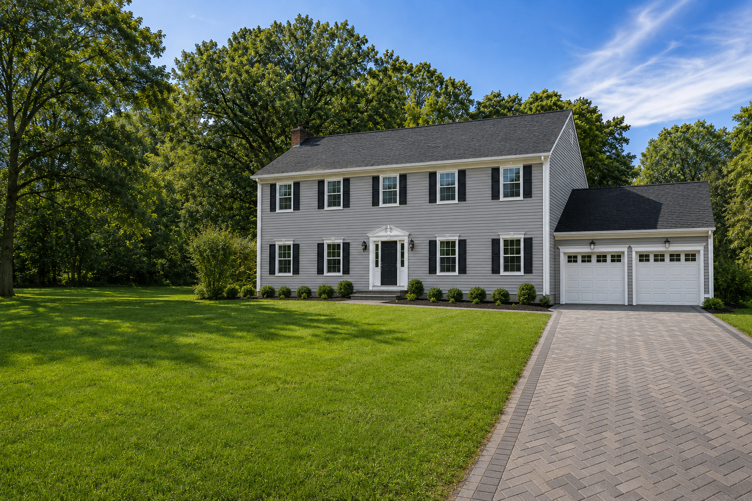 After: refreshed grey siding and rebuilt exterior on the same Connecticut colonial home completed by Stringa Enterprise Construction