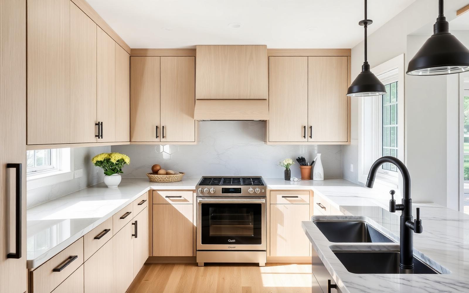 Kitchen remodel in a Guilford Connecticut shoreline home with white oak cabinetry, honed marble counters, and matte black fixtures