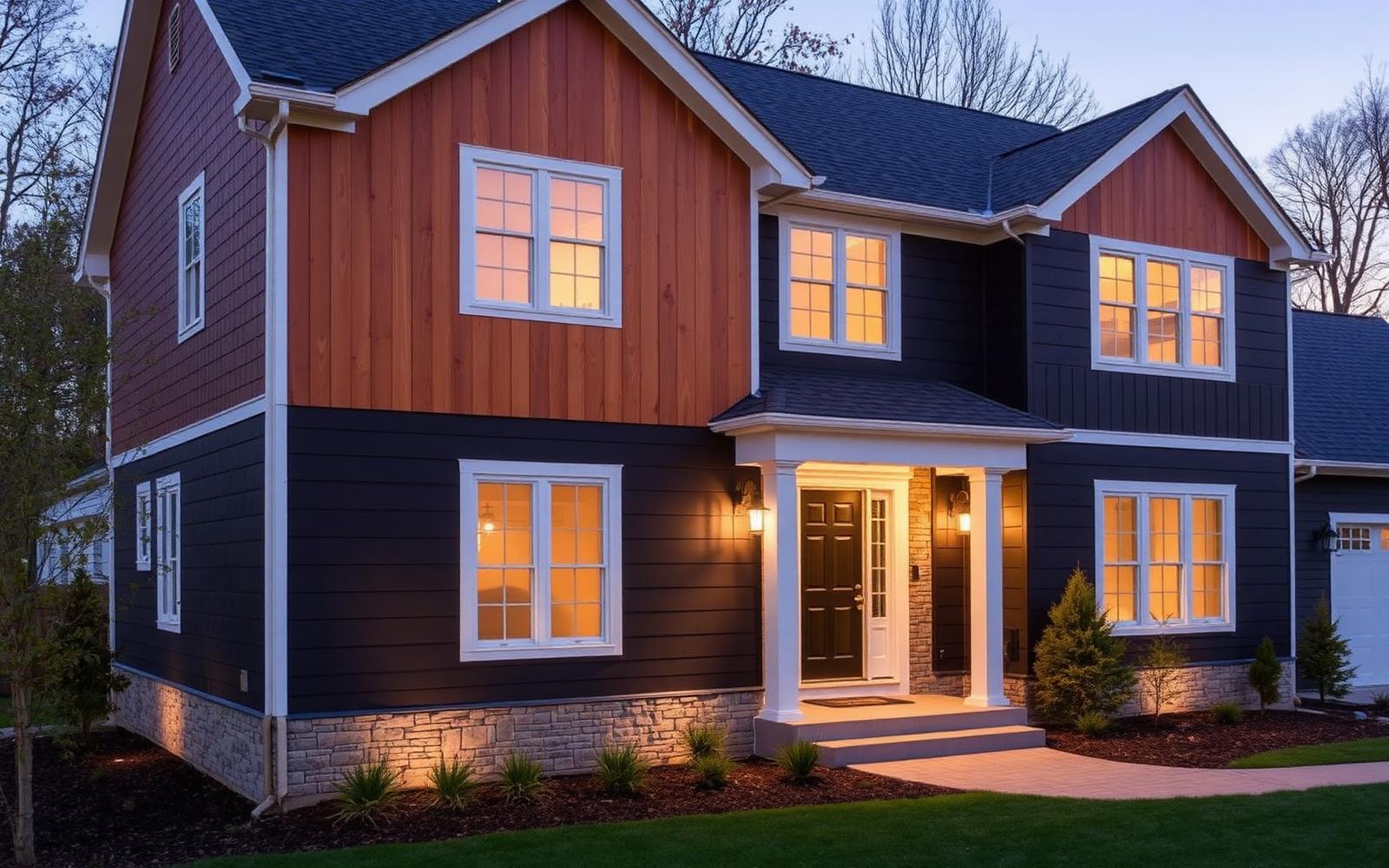 Modern custom colonial home in West Hartford Connecticut with black board and batten siding and warm cedar accents at dusk